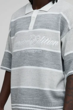 boohooMAN Polo Tricoté Brodé À Rayures Varsity Oversize<Homme Polos|Maille