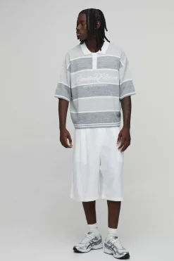 boohooMAN Polo Tricoté Brodé À Rayures Varsity Oversize<Homme Polos|Maille