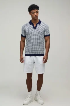 Polo Tricoté À Col V Coupe Regular Motif Pied-de-poule