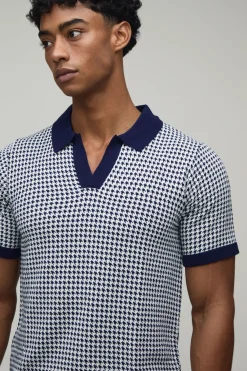 Polo Tricoté À Col V Coupe Regular Motif Pied-de-poule