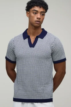 Polo Tricoté À Col V Coupe Regular Motif Pied-de-poule