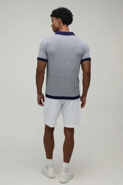 Polo Tricoté À Col V Coupe Regular Motif Pied-de-poule