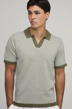 boohooMAN Polo Tricoté À Col V Coupe Regular Motif Pied-de-poule<Homme Polos|Tout Afficher