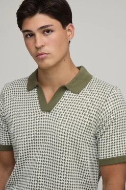 boohooMAN Polo Tricoté À Col V Coupe Regular Motif Pied-de-poule<Homme Polos|Tout Afficher