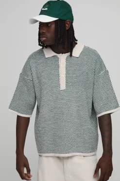 Polo Tricoté Décontracté À Rayures Texturées Avec Patte De Boutonnage Allongée