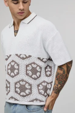 Polo Tricoté En Tapisserie Au Crochet Coupe Ample Oversize