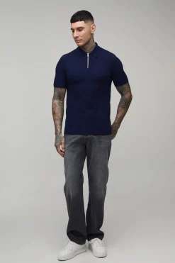 Polo Tricoté À Fermeture Éclair 1/4 Coupe Ajustée Musclée Grande Taille Toucher Doux