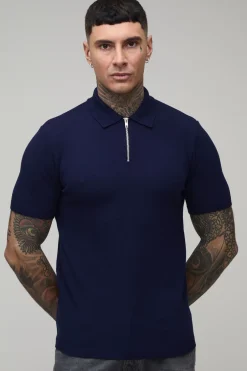 Polo Tricoté À Fermeture Éclair 1/4 Coupe Ajustée Musclée Grande Taille Toucher Doux