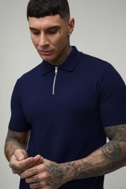 Polo Tricoté À Fermeture Éclair 1/4 Coupe Ajustée Musclée Grande Taille Toucher Doux
