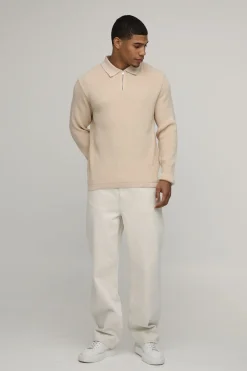 Polo Tricoté à Fermeture 1/4 Zip Coupe Regular Toucher Doux Effet Gaufré