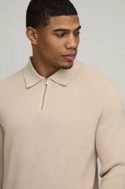 Polo Tricoté à Fermeture 1/4 Zip Coupe Regular Toucher Doux Effet Gaufré