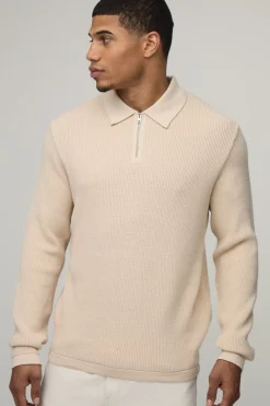 Polo Tricoté à Fermeture 1/4 Zip Coupe Regular Toucher Doux Effet Gaufré