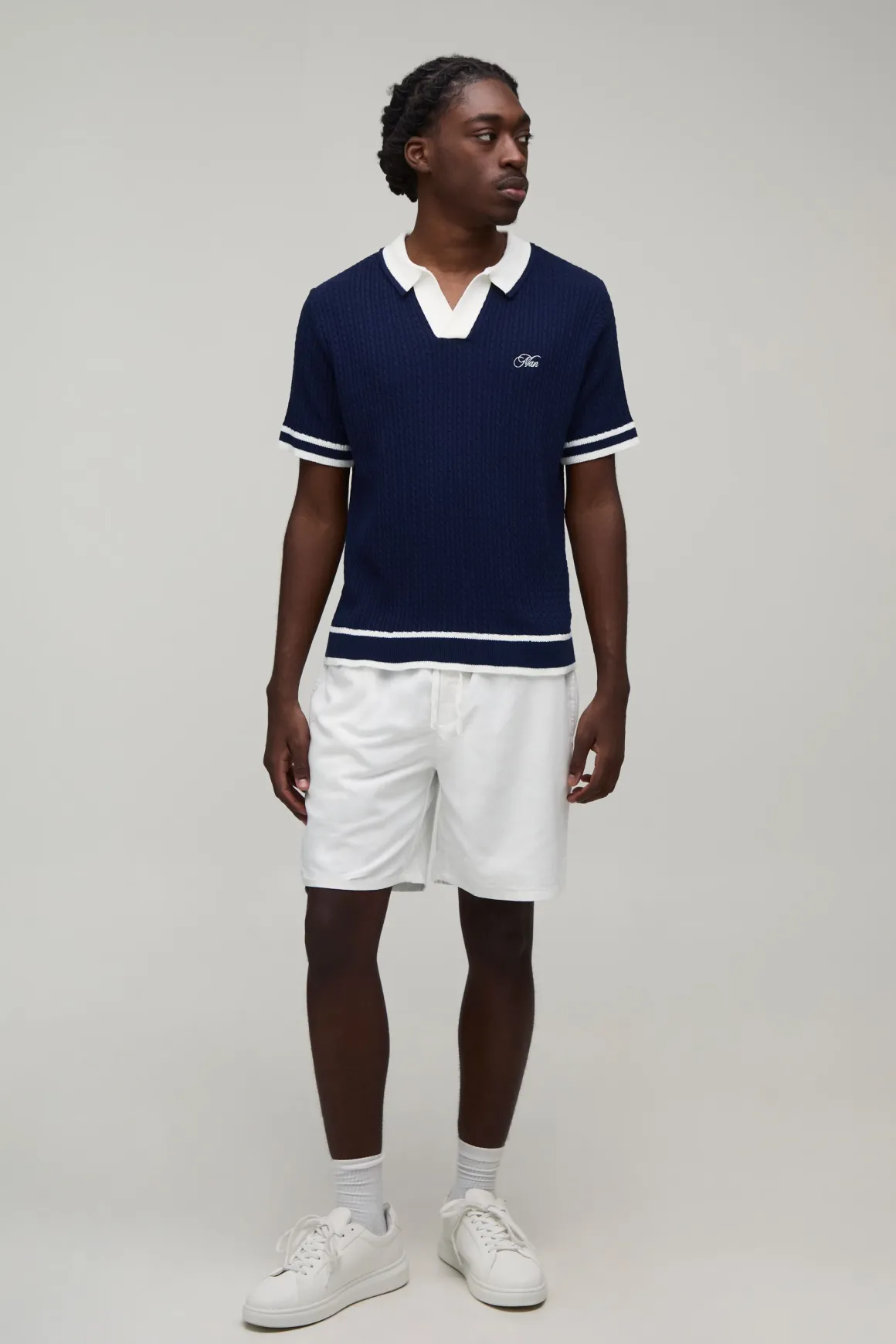 Polo Tricoté Homme À Torsades Brodé Coupe Ample