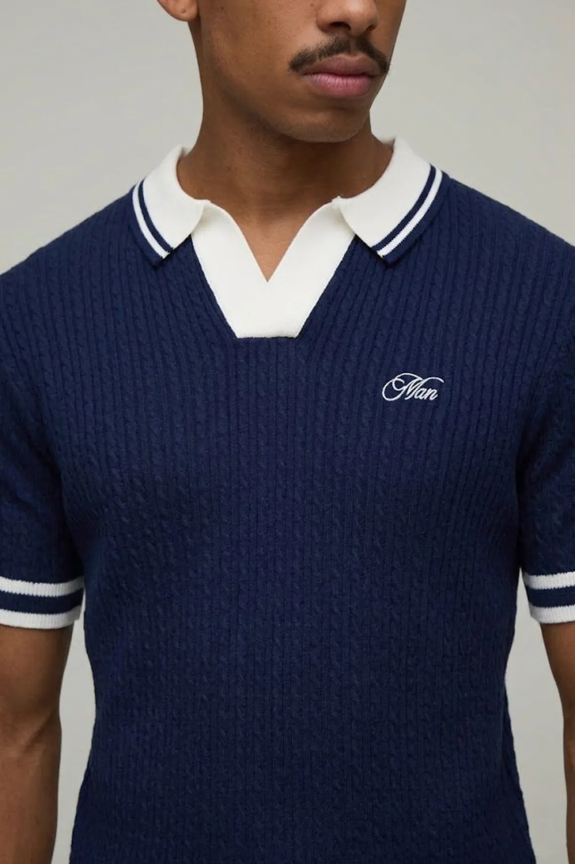 Polo Tricoté Homme À Torsades Brodé Coupe Ample