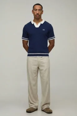 Polo Tricoté Homme À Torsades Brodé Coupe Ample