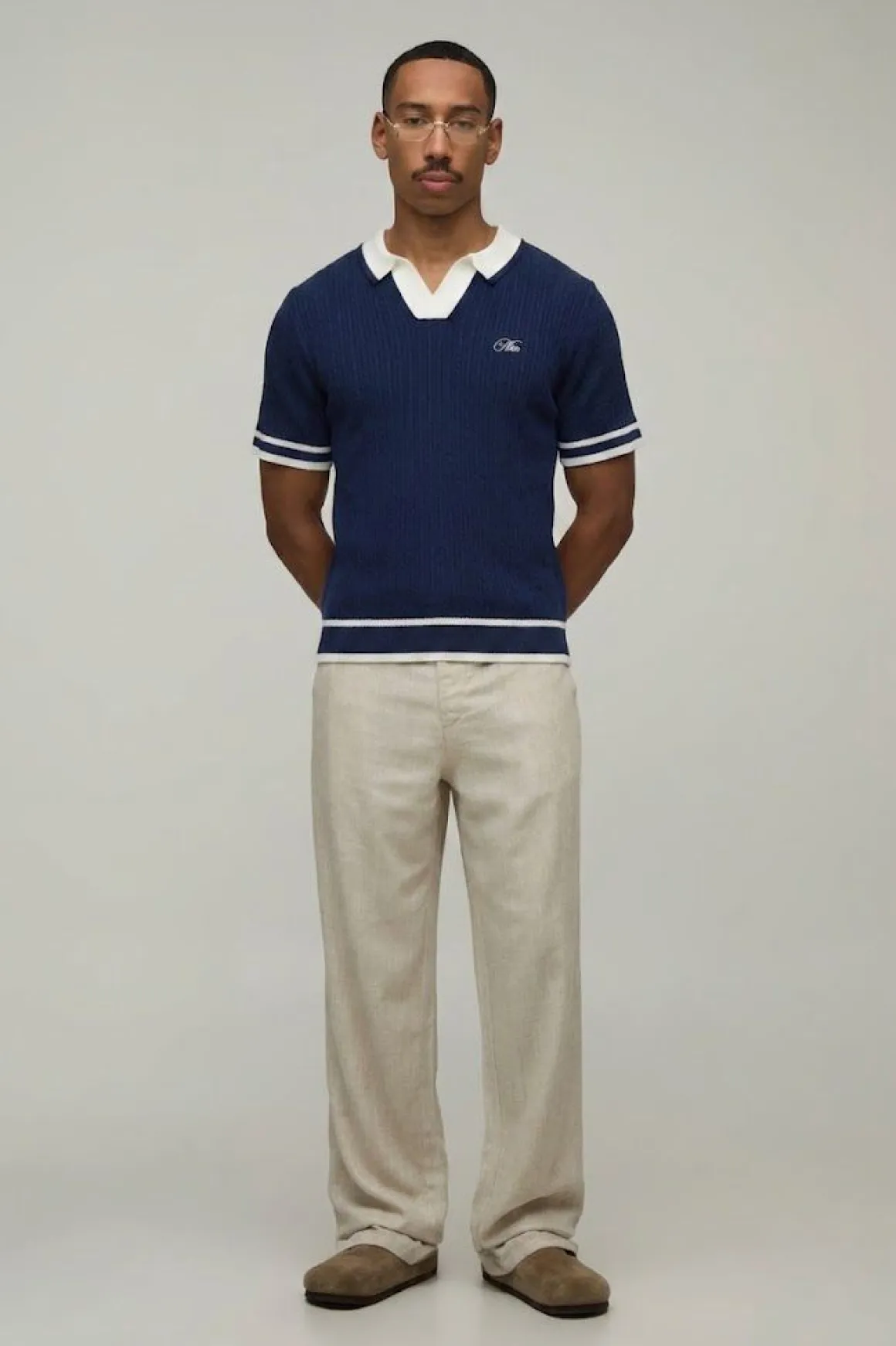 Polo Tricoté Homme À Torsades Brodé Coupe Ample