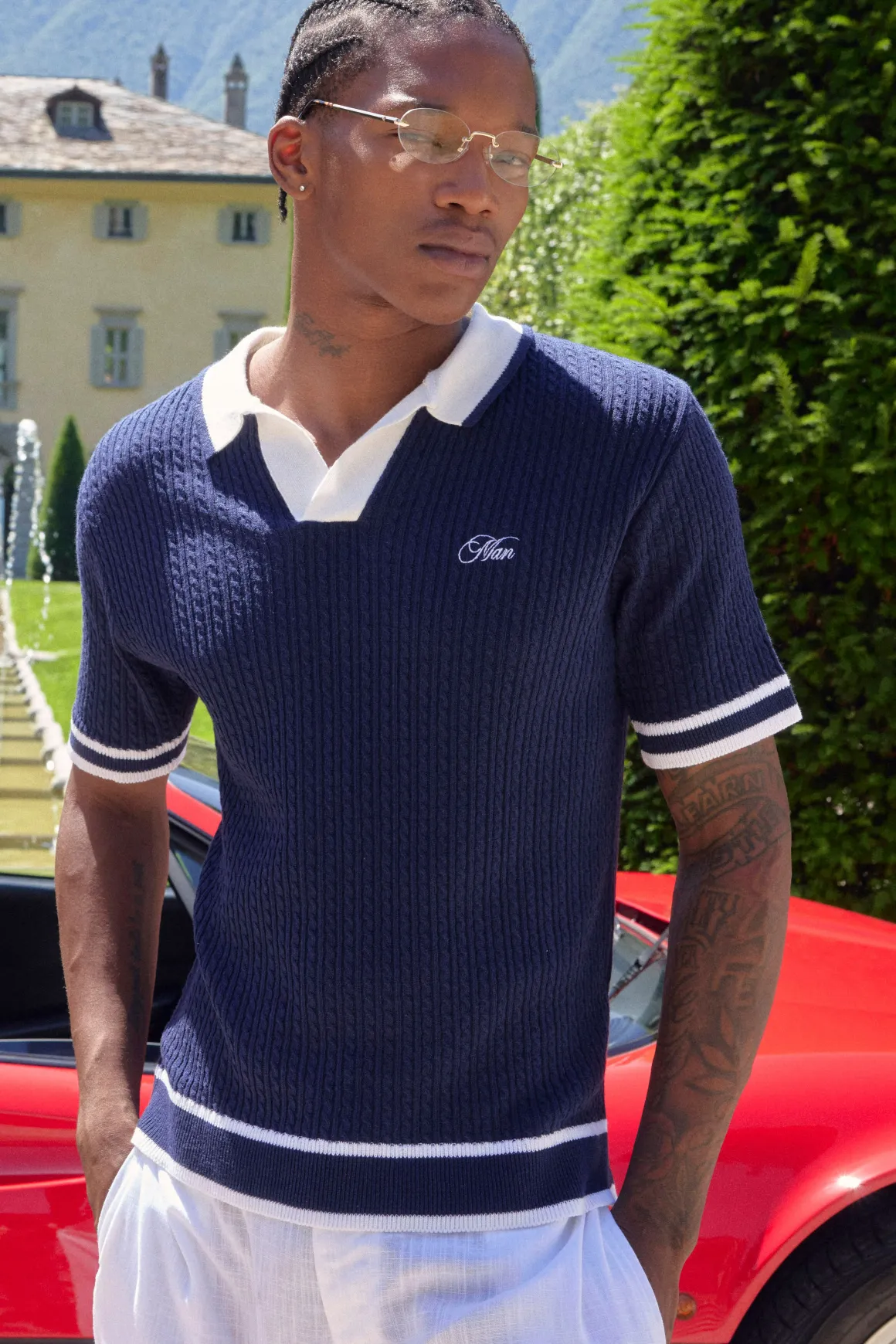 Polo Tricoté Homme À Torsades Brodé Coupe Ample