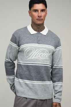 boohooMAN Polo Tricoté Jacquard À Rayures Varsity Coupe Regular Tall<Homme Tout Afficher|Tenues De Soirée Tall