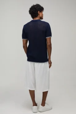 Polo Tricoté À Maille Ajourée Contrastante Coupe Regular