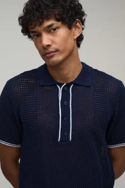 Polo Tricoté À Maille Ajourée Contrastante Coupe Regular