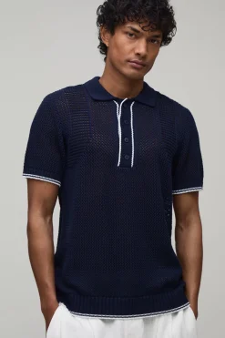 Polo Tricoté À Maille Ajourée Contrastante Coupe Regular
