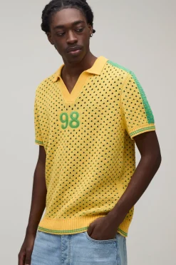 Polo Tricoté À Maille Ajourée Coupe Regular Col V Inspiration Football
