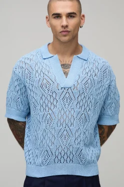 boohooMAN Polo Tricoté À Maille Ajourée Coupe Ample Oversize<Homme Polos|Maille