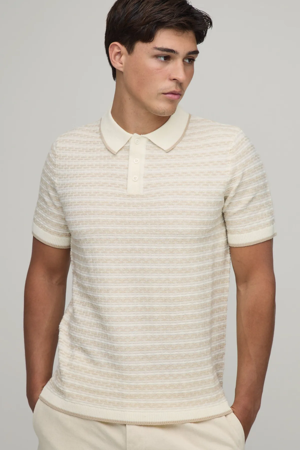 boohooMAN Polo Tricoté À Maille Ajourée Et Rayures Coupe Regular<Homme Polos|Maille