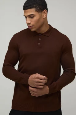 Polo Tricoté à Manches Longues avec Boutons Coupe Régulière
