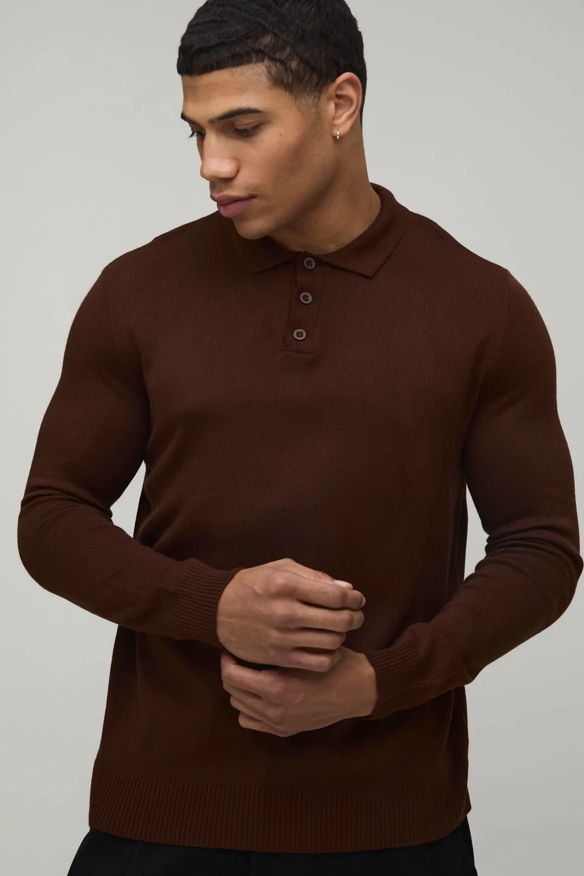 Polo Tricoté à Manches Longues avec Boutons Coupe Régulière