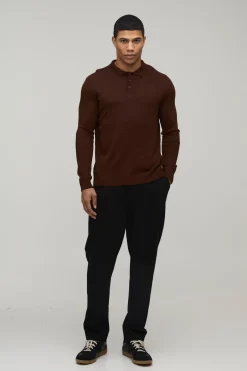 Polo Tricoté à Manches Longues avec Boutons Coupe Régulière