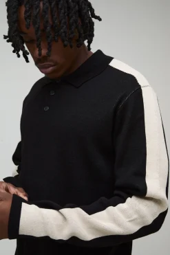 Polo tricoté à manches longues, coupe grande taille régulière, en blocs de couleur