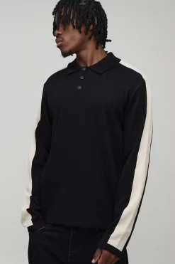 Polo tricoté à manches longues, coupe grande taille régulière, en blocs de couleur