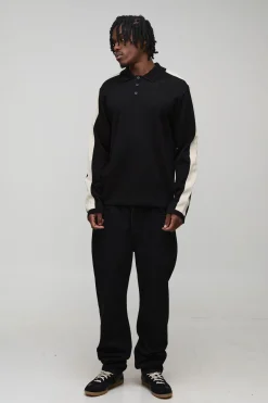 Polo tricoté à manches longues, coupe grande taille régulière, en blocs de couleur