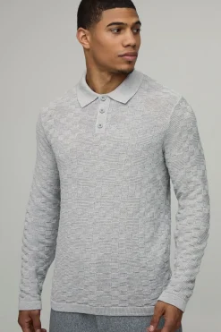 Polo Tricoté à Manches Longues Coupe Régulière Tissage Nattée