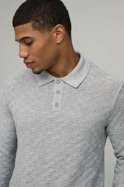 Polo Tricoté à Manches Longues Coupe Régulière Tissage Nattée