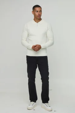 Polo Tricoté à Manches Longues Coupe Ajustée Toucher Doux