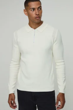 Polo Tricoté à Manches Longues Coupe Ajustée Toucher Doux