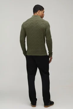 boohooMAN Polo Tricoté à Manches Longues Coupe Regular avec Fermeture Éclair 1/4 et Tissage Nattée<Homme Polos|Maille