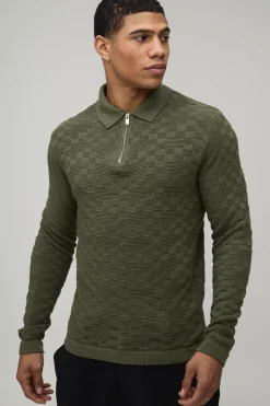 boohooMAN Polo Tricoté à Manches Longues Coupe Regular avec Fermeture Éclair 1/4 et Tissage Nattée<Homme Polos|Maille