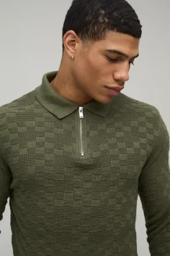 boohooMAN Polo Tricoté à Manches Longues Coupe Regular avec Fermeture Éclair 1/4 et Tissage Nattée<Homme Polos|Maille