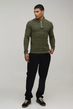 boohooMAN Polo Tricoté à Manches Longues Coupe Regular avec Fermeture Éclair 1/4 et Tissage Nattée<Homme Polos|Maille