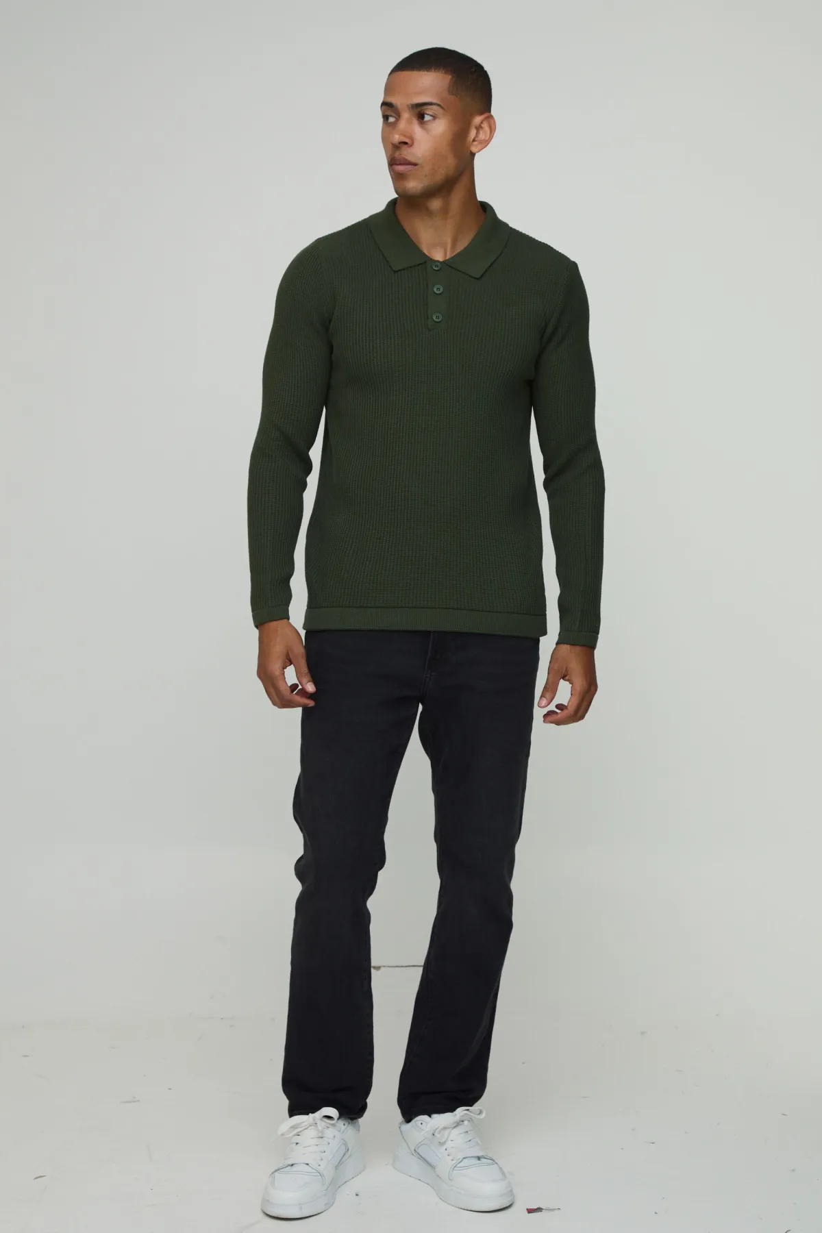 boohooMAN Polo Tricoté à Manches Longues Coupe Regular avec Col Boutonné et Texture Gaufre<Homme Polos|Maille