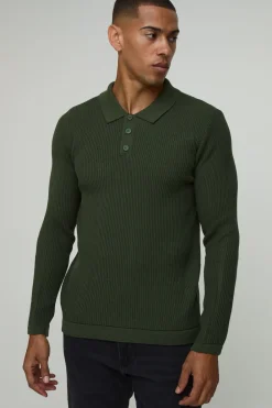 boohooMAN Polo Tricoté à Manches Longues Coupe Regular avec Col Boutonné et Texture Gaufre<Homme Polos|Maille