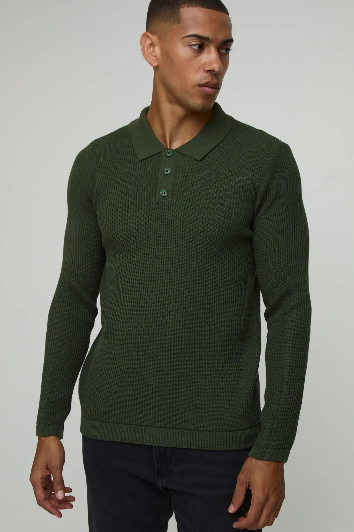 boohooMAN Polo Tricoté à Manches Longues Coupe Regular avec Col Boutonné et Texture Gaufre<Homme Polos|Maille