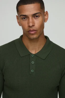boohooMAN Polo Tricoté à Manches Longues Coupe Regular avec Col Boutonné et Texture Gaufre<Homme Polos|Maille