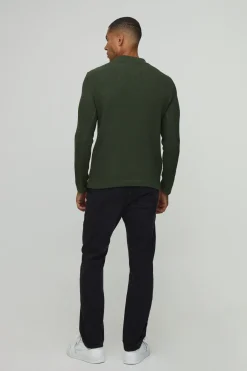 boohooMAN Polo Tricoté à Manches Longues Coupe Regular avec Col Boutonné et Texture Gaufre<Homme Polos|Maille