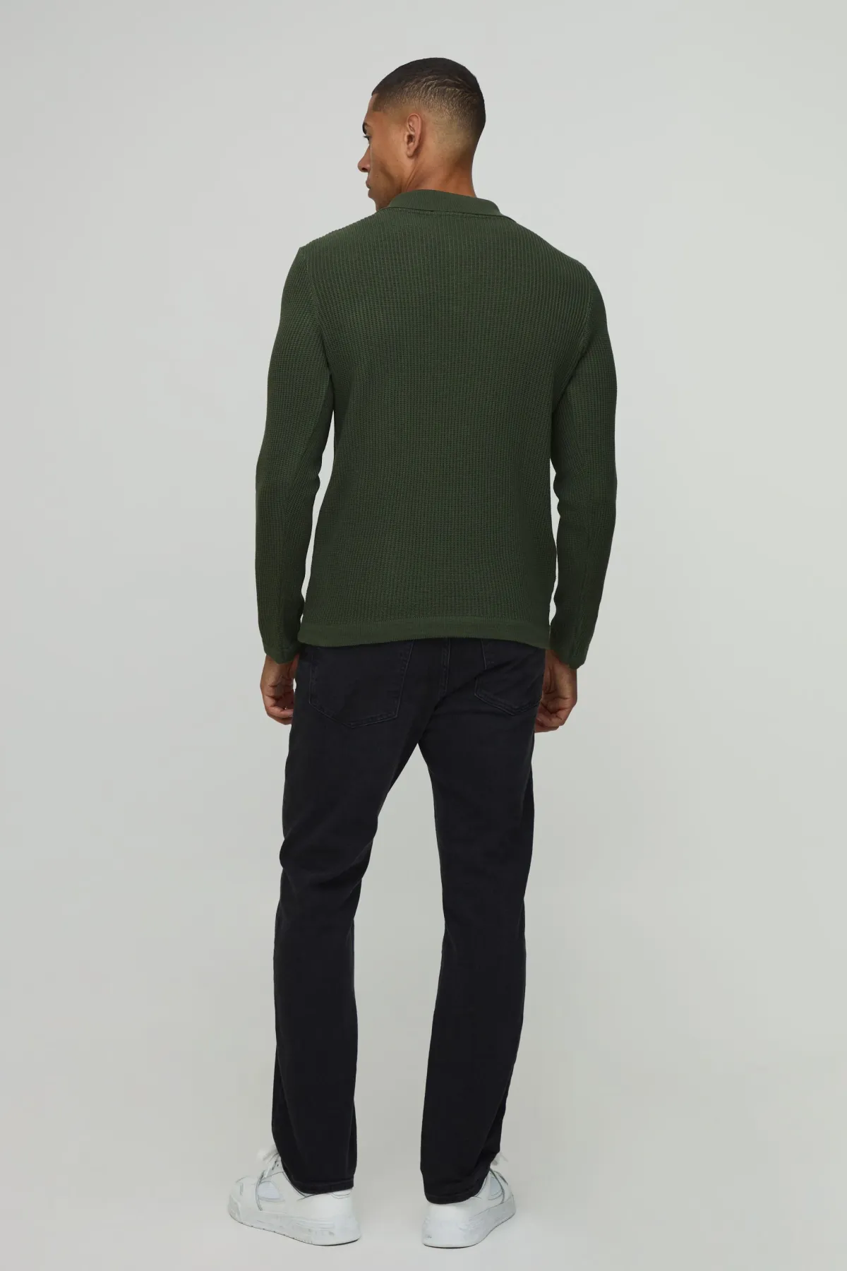 boohooMAN Polo Tricoté à Manches Longues Coupe Regular avec Col Boutonné et Texture Gaufre<Homme Polos|Maille