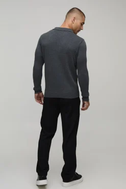 boohooMAN Polo Tricoté À Manches Longues En Mélange De Coton Avec Col Revers Coupe Regular<Homme Polos|Maille
