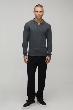 boohooMAN Polo Tricoté À Manches Longues En Mélange De Coton Avec Col Revers Coupe Regular<Homme Polos|Maille